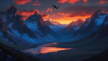 Eagle Flies Over Majestic Mountain Landscape at Sunset photo