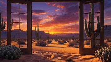 Desert Landscape Seen Through Open Door During Sunset photo