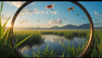 Dragonfly Above Rice Field Landscape with Mirror View photo