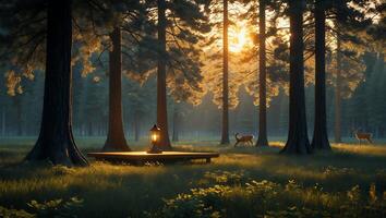 Forest with Deer and Lantern at Sunset photo