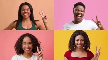 A collection of joyful individuals expressing happiness and success with V gestures. Each person exudes positivity against vibrant, pastel backgrounds, showcasing a sense of unity. video