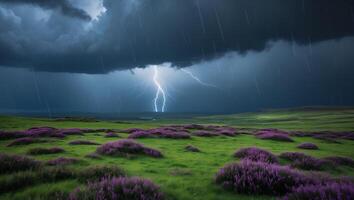 Lightning Storm Over Meadow with Purple Flower Patches photo