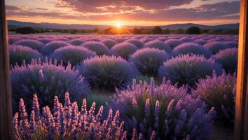 Lavender Field at Sunset Through Window photo