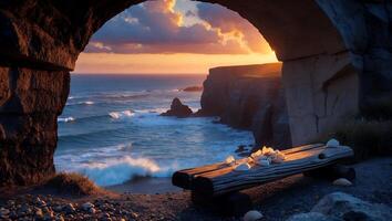 Ocean View with Bench and Seashells Under Stone Arch at Sunset photo