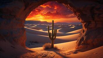 Desert landscape with cactus and sunset photo