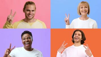 A joyful collection of diverse individuals expressing happiness with V gestures in a bright, colorful setting. Their positive energy radiates success and celebration. video