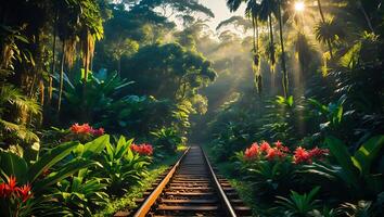 Railroad Track Through Tropical Forest with Flowers and Sunshine photo