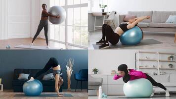 A diverse collection of athletic individuals practicing various fitness exercises in a modern indoor space. They focus on health, wellness, and meditation using exercise balls. video