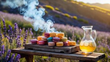 Macarons and Lemonade in Lavender Field Landscape photo