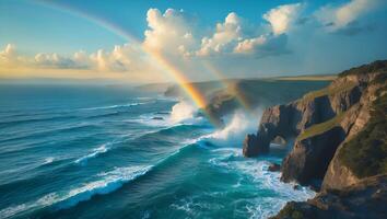 Ocean Waves Breaking Against Cliffs with Double Rainbow photo