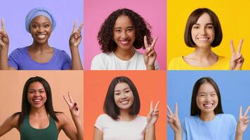 A collection of six diverse individuals expressing joy and positivity while making V gestures for victory. Each person smiles brightly against colorful backgrounds, showcasing happiness and success. video