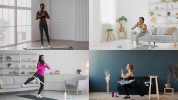 Diverse individuals perform a variety of fitness routines at home. They utilize resistance bands, weights, and yoga for workouts, showcasing dedication to their health and well-being. video