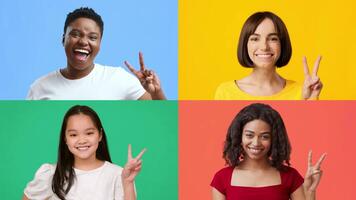 A collection of four cheerful individuals from diverse backgrounds all smiling and making a V gesture, symbolizing victory and success, set against bright solid colored backgrounds. video