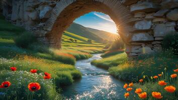 Stone Archway Over Stream in Field of Flowers at Sunrise photo