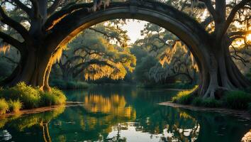 Swamp Landscape with Bridge, Tree and Water Reflection photo
