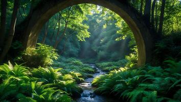 River Through Ferns and Bridge in Forest photo