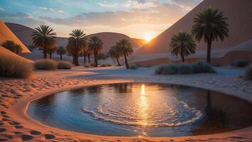 Oasis in Desert with Palm Trees at Sunset photo