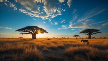 African Landscape with Baobab Trees and Zebra in Sunset photo