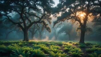Foggy Forest Landscape with Trees and Ferns photo