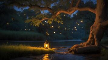 Lantern by River at Night with Hanging Lights photo
