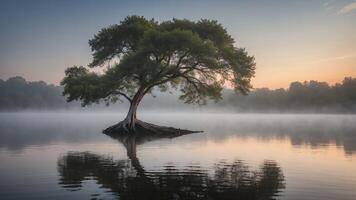 Lone Tree on Lake at Sunrise with Fog photo