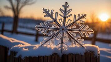Snowflake on Wood Post in Winter Sunset Landscape photo