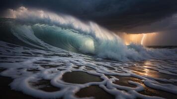 Ocean Wave Under Dramatic Sky with Lightning photo