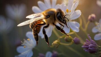 Honeybee on White Flower, Pollinating in Springtime photo