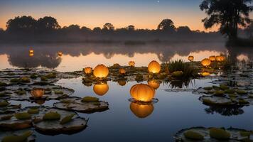 Floating Pumpkin Lanterns on Lake at Sunset photo