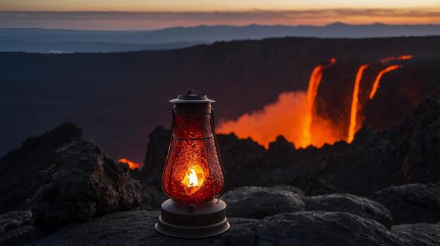 Lit Lantern in Front of Active Volcano Landscape photo