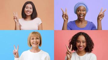 Four diverse people joyfully express happiness by making V gestures. Each woman has a unique background color, contributing to a cheerful and positive atmosphere of victory and success. video