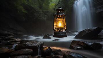 Lantern at Waterfall in Woods photo
