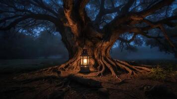 Large Tree with Lantern at Night photo