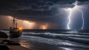 Ship at Shore During Stormy Weather and Lightning photo