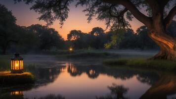 Lantern by Pond at Dusk photo