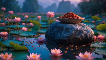 Lotus Flower Pond with Seed Pile on Rock photo