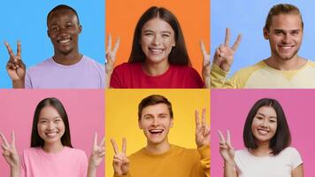 A diverse collection of happy individuals showing the V for victory gesture. Each person smiles brightly against colorful backgrounds, creating an uplifting atmosphere. video