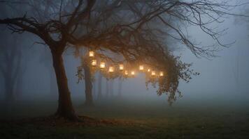 Foggy Forest Tree Lit by Lanterns photo