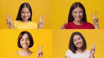 A joyful collage showcases diverse individuals expressing happiness and victory with V gestures. Each person wears bright colors against a vibrant background, radiating positivity and success. video