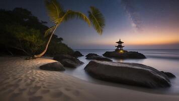 Pagoda on Rock Island in Ocean at Night photo
