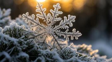 Snowflake on Pine Branch with Sunlight in Winter photo