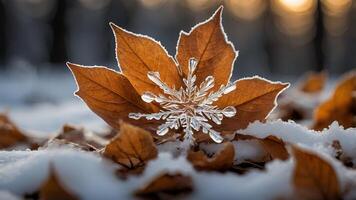 Snowflake on Fallen Leaf in Winter Snow Scene photo