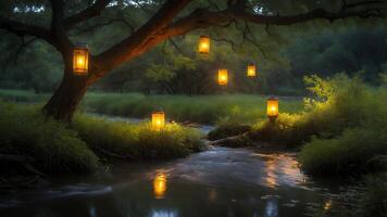 Lanter Illuminated Night River in Forest photo