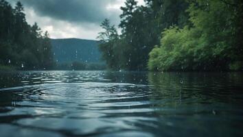Lake in Rain with Trees and Mountains photo