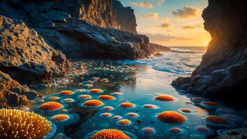Orange Sea Anemone on Shore at Sunset photo