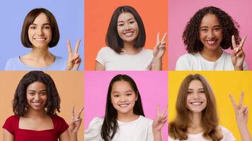 A group of six diverse individuals expresses joy and positivity, each making a V gesture. Their cheerful demeanor and colorful backgrounds create a lively atmosphere of celebration and success. video