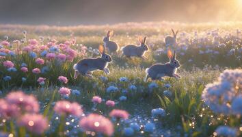 Rabbit Running in Flower Field photo