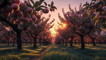 Orchard in Bloom with Sunrise Warm Light photo