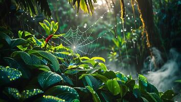 Spiderweb in Rainforest with Water Droplets photo