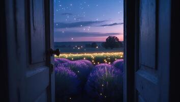 Lavender Field View Through Open Door at Night photo